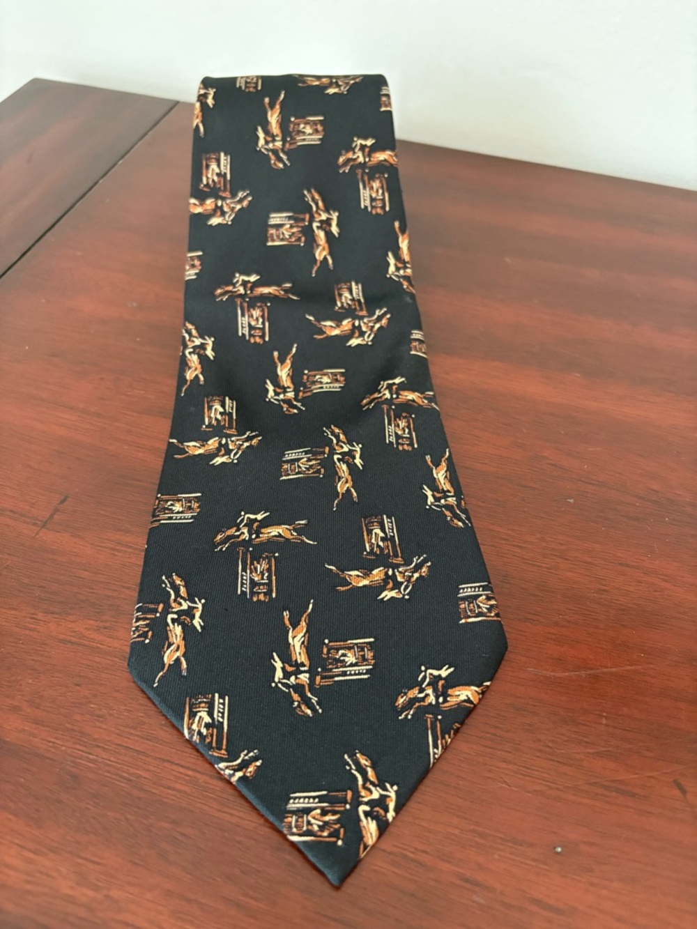 Garfinckel’s Vintage Men’s Tie Made In Italy Black Equestrian Print Pure Silk